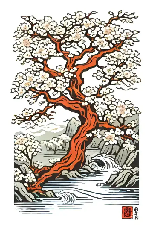 Sakura Tree Landscape With Water
