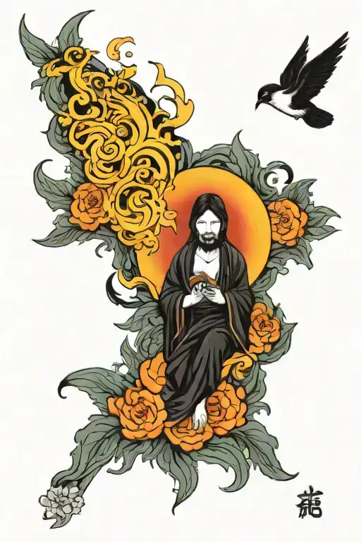 Incorporate Fire And Jesus Imagery In A Tattoo Inspired By The Concept Of Rebirth And Transformation