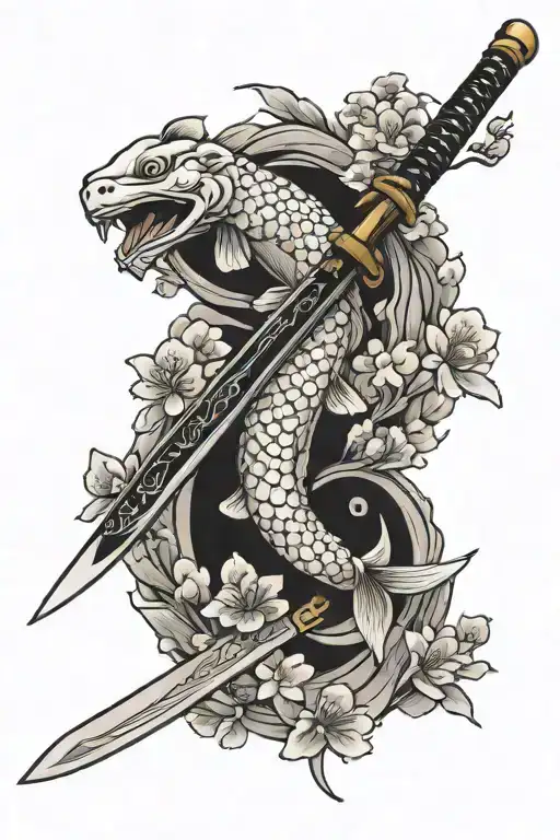 Katana Sword With 1 Koi Around And Cherry Blossom Flowers
