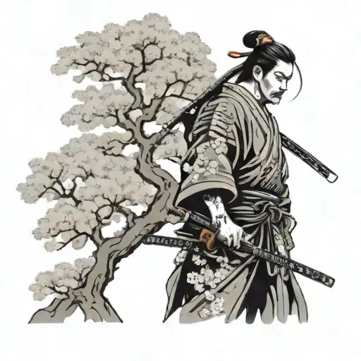 Samurai Standing Tall With Sakura Tree