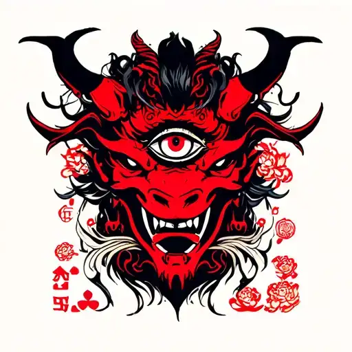 Red Demon And One Eye Looking And Card Symbols Incorporated