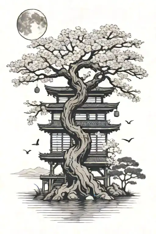 Cherry Blossom Tree With Torii Gate And Moon Phases