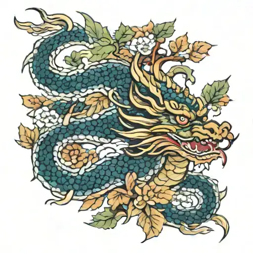Japnese Dragon With Leafs Colour