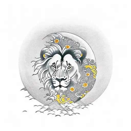 Lion With Moon In Background And Flower Below