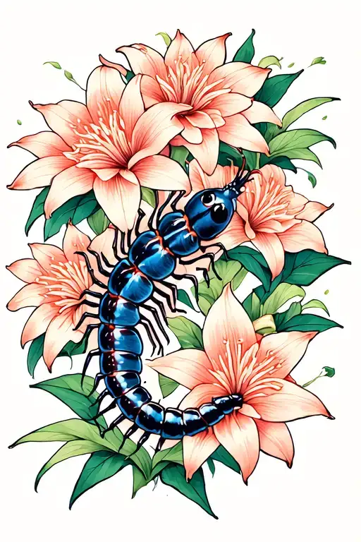 Centipede Curled Around Spider Lilies Scattered Throughout