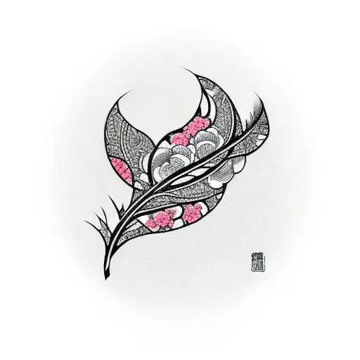 Elegant Fine Lines Featuring A Feather Intertwined With A Blooming Tree