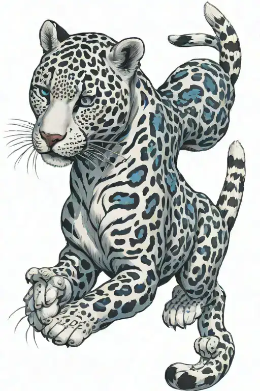 Full Body Walking White Jaguar Seen From Above With Blue Eyes Instead Of Black Spots On The Fur