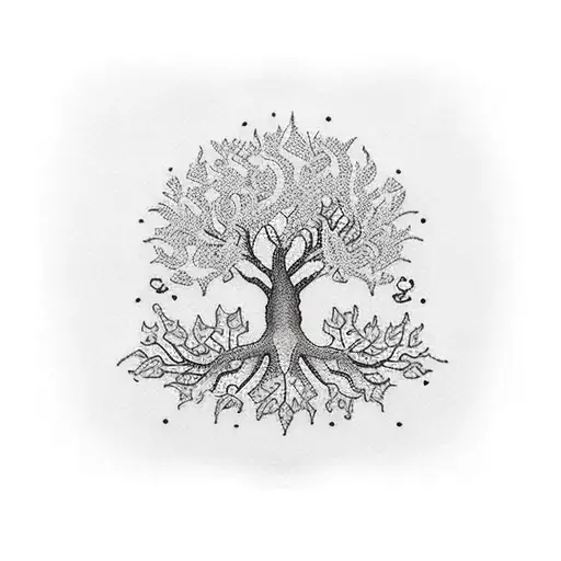 A Dotwork Tattoo Of A Tree Of Life With Each Leaf Representing A Different Family Member's Name