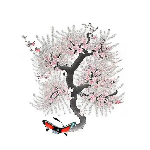 A Cherry Blossom Tree With Butterflies And Koi Fish