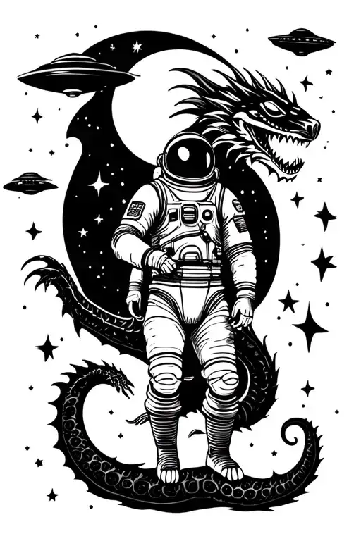 Sky Is The Limit Astronaut With Moon And Starts With A Dragon And Ufo