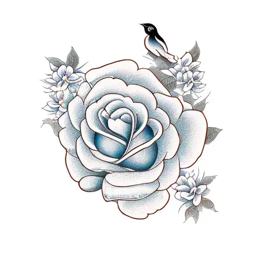 Roses And Lilies With Bird In A Diagonal