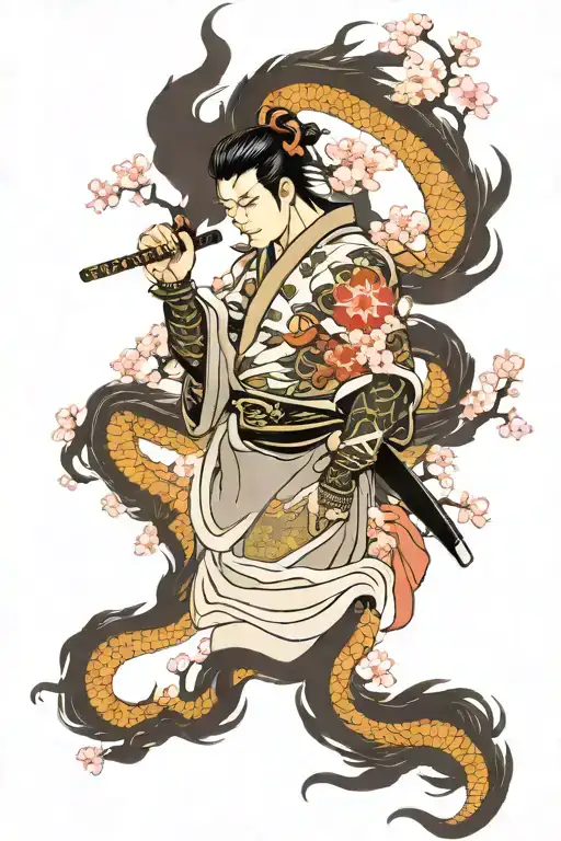 A Samurai With A Dragon And A Sakura Tree