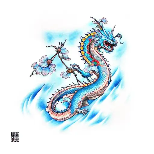 Light Blue Dragon With Cherryblossoms