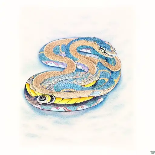 Snake And Chrysanthemum With Waves Background