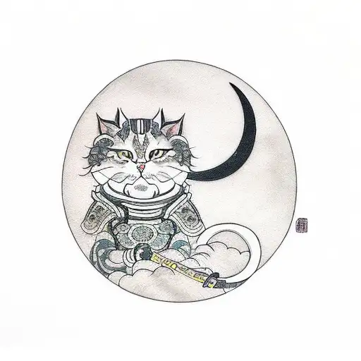 Samurai Cat With Catana And Moon Behind