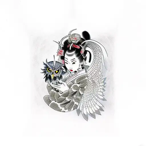 Beautiful Demon Geisha With Owl Creature Watching Her