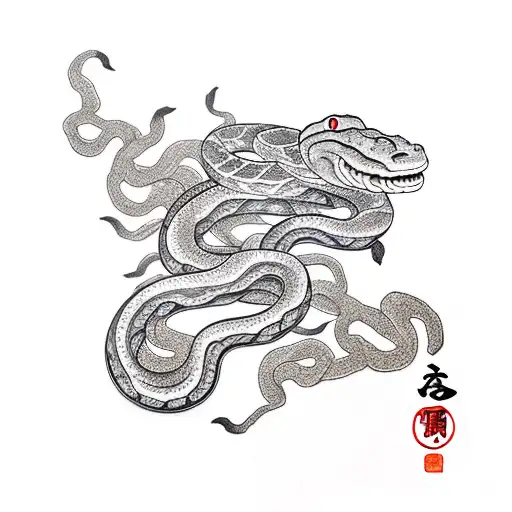Snake With A Cherry Blossom Tree And An Oni Mask