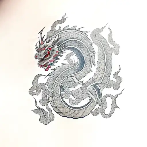 Traditional Japanese Dragon Wrapped Around A Caduceus