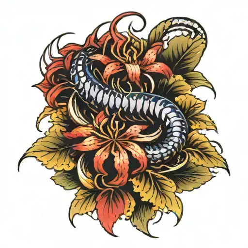 Centipede Wrapping Red Spider Lily Flower