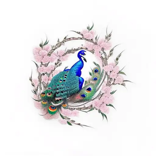 Peacock Surrounded By Cherry Blossoms
