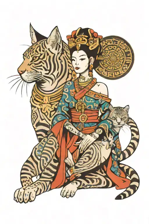 Tribal Queen With Pharaoh Cat Sitting