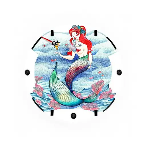 Beautiful Mermaid And Clock With Compass