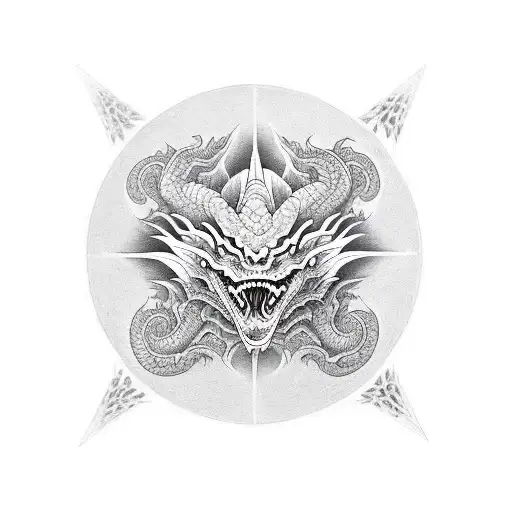 Symmetric Dragon Face With 20 Eyes Arranged In A Circle