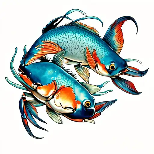 Pisces And Cancer Crab And Fish Swimming