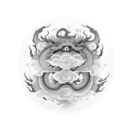 Symmetric Dragon Face With One Hundred Eyes Arranged In A Circle