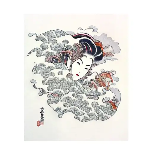Woman Monster With Scary Face In Style Of Hokusai