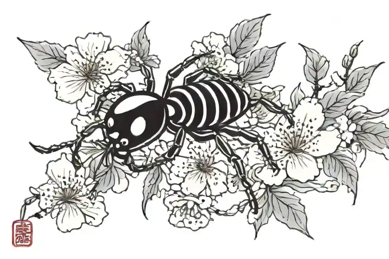 Japanese Cherry Blossom With Centipede And A Spider