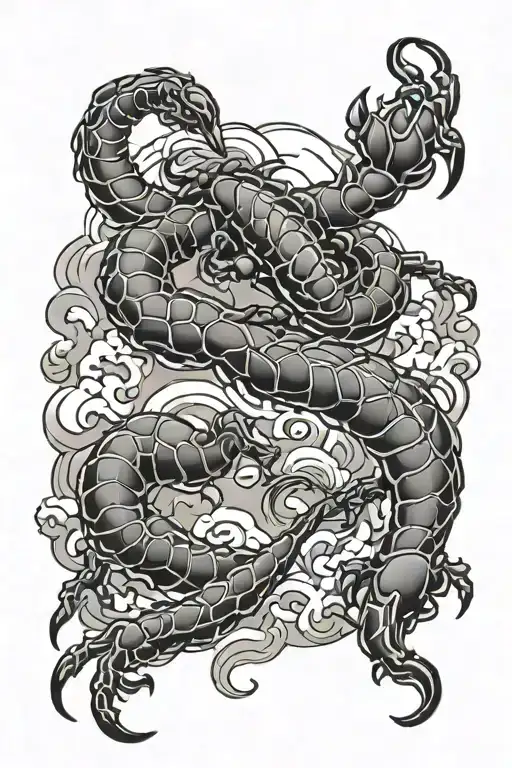 Scorpion Surrounded By Swirling Clouds In A Black And Grey Style