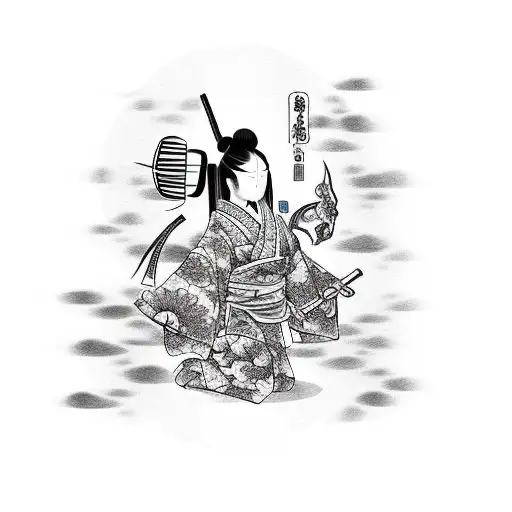 Japanese Samurai Woman With Oni Mask And Koi Fish With Japanese Writing