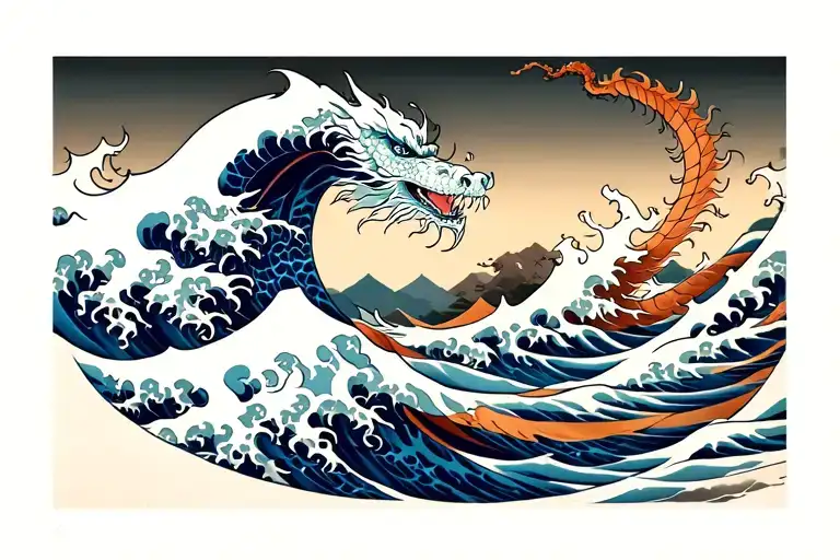 Great Wave Off Kanagawa Dragon Trad Tattoo Design