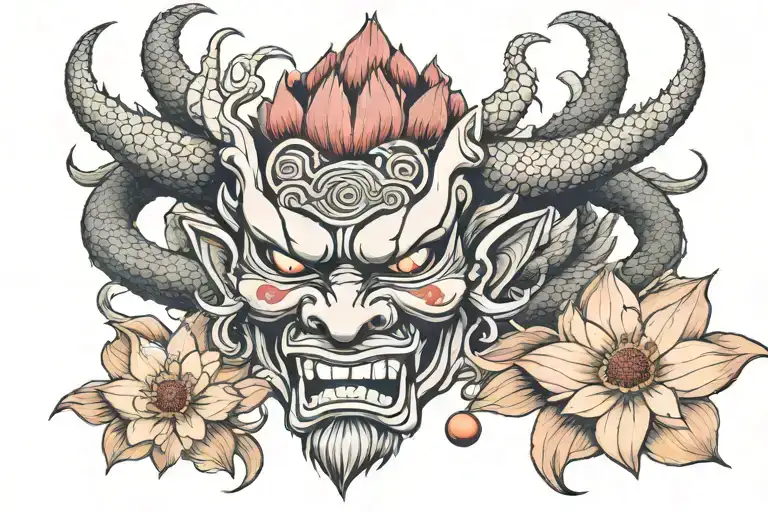 An Oni Mask And Lotus Flower Intertwined With A Dragon In A Traditional Upper Back Tattoo Design