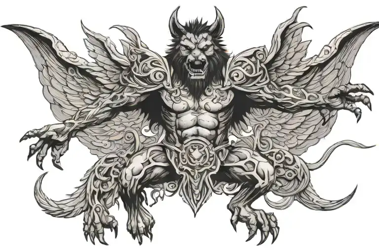 Giant Lycanthrope With Demonic And Angelic Figure Surround By Wings