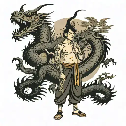 Sameri Standing Infront Of A Temple With A Mythical Dragon Flying Above It