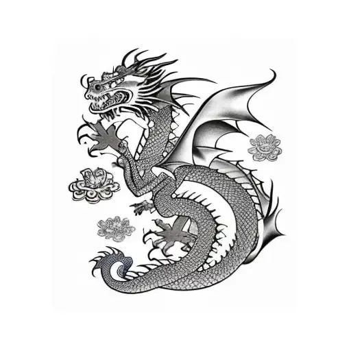 Dragon With Anime Clods And Flowers