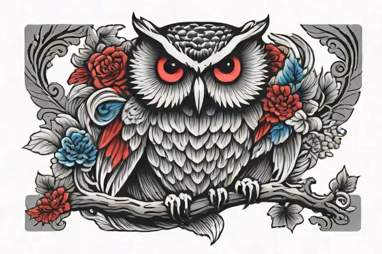 Owl Grayscale With Red And Blue Accents
