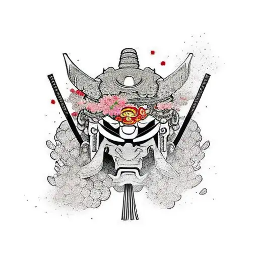 Samurai Oni Mask With Cherry Blossom Petals Falling Around It