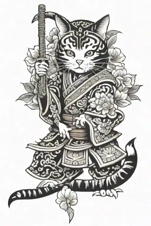 Cat An Samurai With Lotus Flower