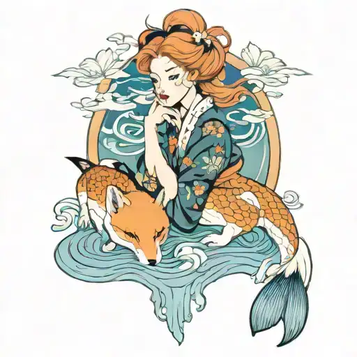 Woman With Blue Eyes Pale Skin Orange Hair With Fox Ears Staring Into A Koi Pond