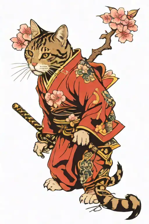 Cat An Samurai With Sakura