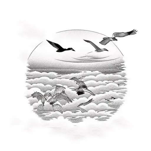 A Peaceful Beach Landscape At Sunset With Sea Birds Flying Overhead