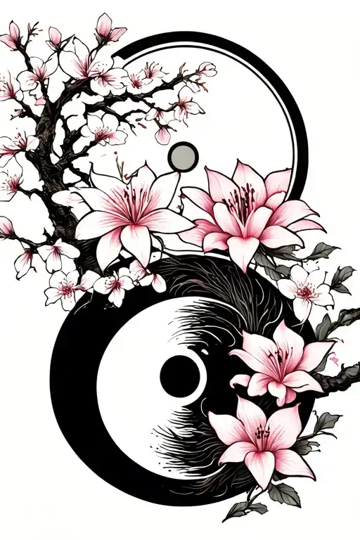 Yin Yang With Cherry Blossom Tree Spider Lily And White And Black Samurai