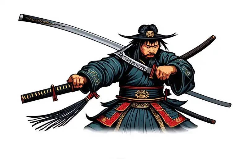 Samurai Holding Katana With Tassels