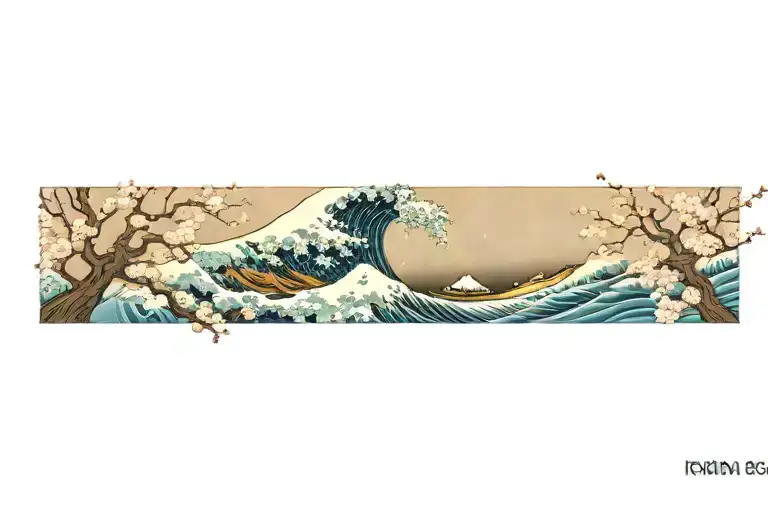 The Great Wave Off Kanagawa With Starry Night And Cherry Blossom