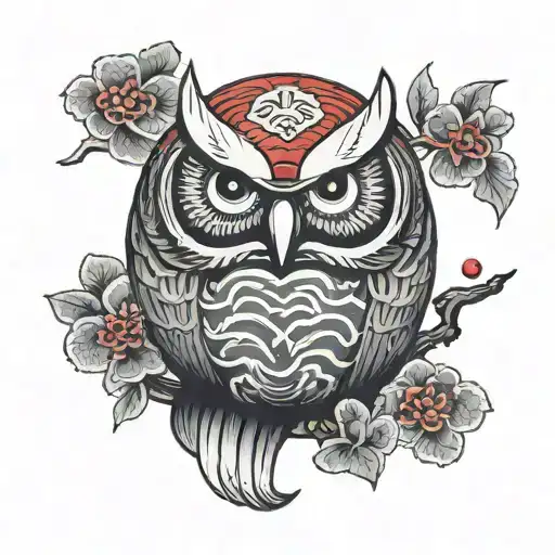 Daruma Owl In Grayscale With Red Accents And A Kanji On The Belly