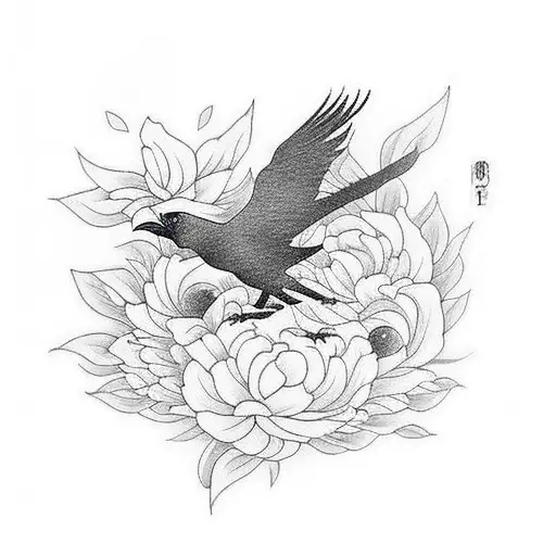 Crow Flying Into A Flower