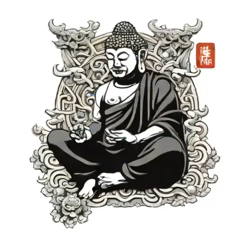 Buddha Full Body Disciple Wearing An Oni Mask Surrounded